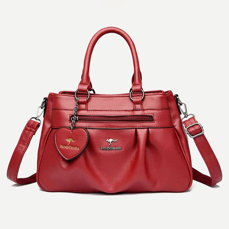 Triple Compartment Handbag Top-Handle Satchel PU Leather Crossbody Purse