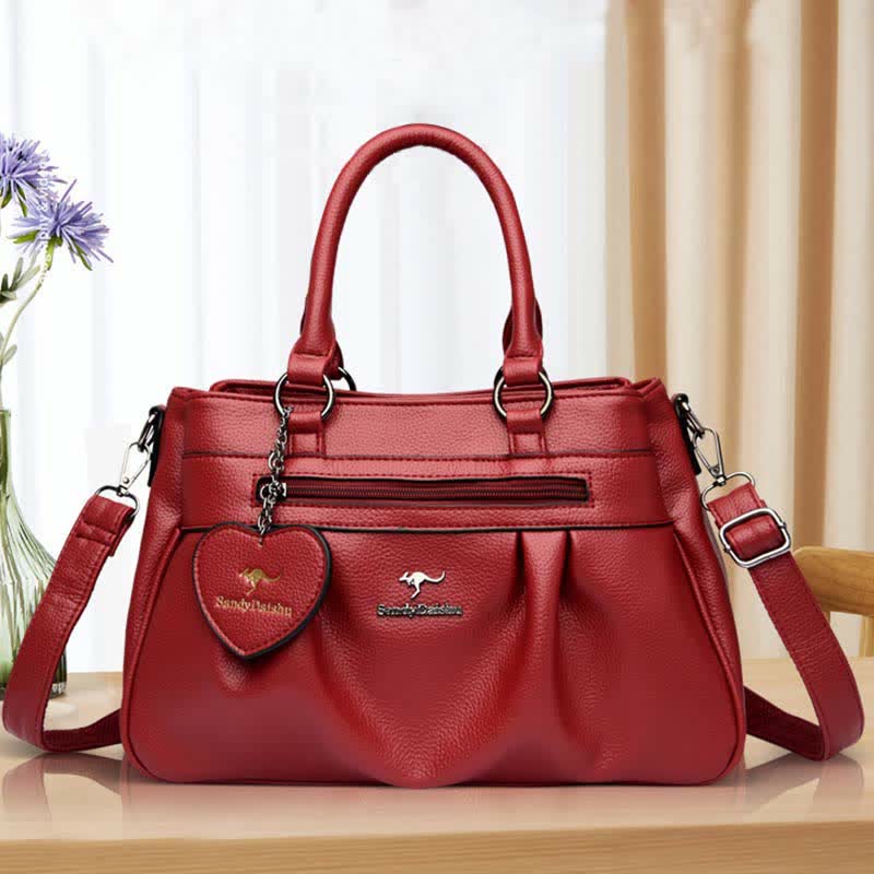 Triple Compartment Handbag Top-Handle Satchel PU Leather Crossbody Purse