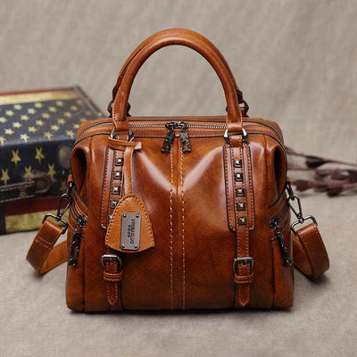 Retro Oil Wax Leather Rivet Handbag Tote Satchel Crossbody Bag