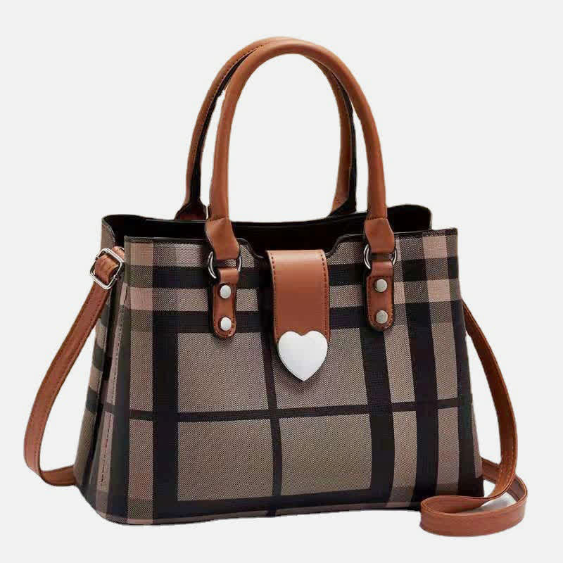 Triple Compartment Women's Top Handle Satchel Leather Plaid Crossbody Shoulder Bag